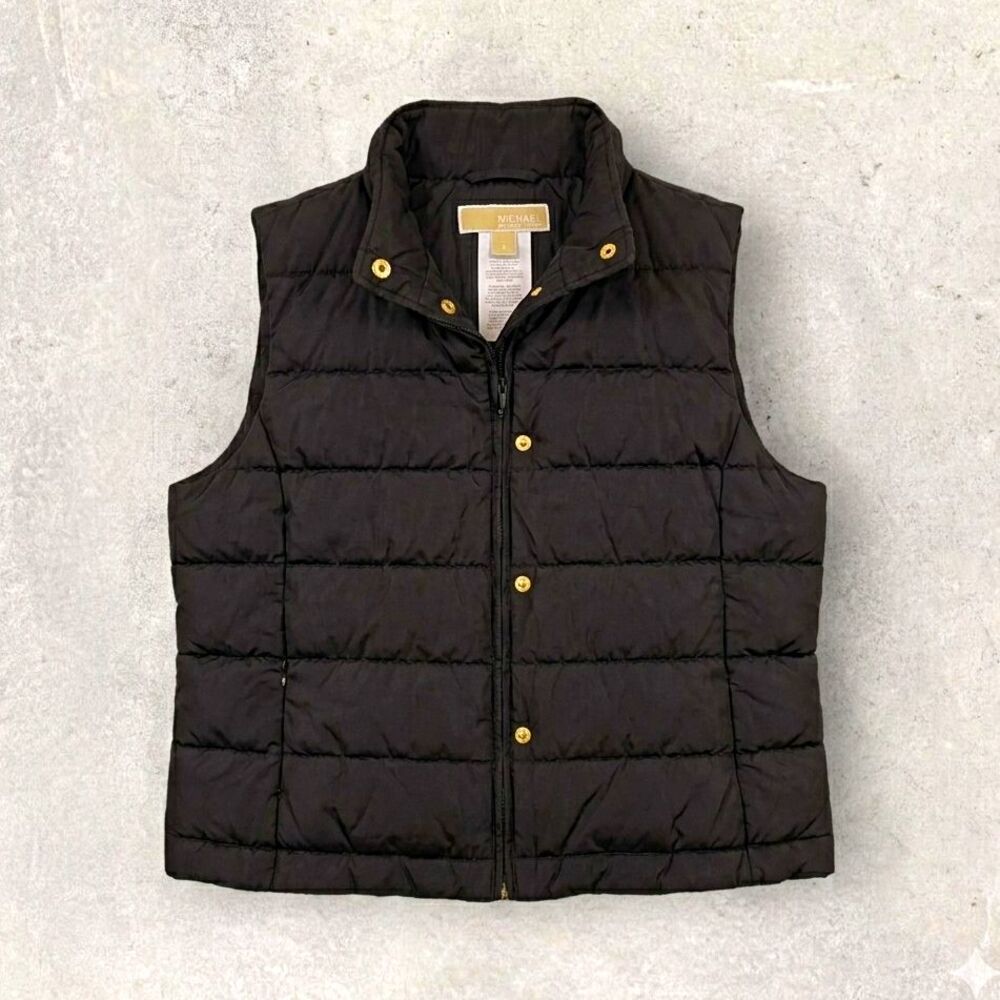 Michael Michael Kors Women's Black Quilted Puffer Vest Snap Pockets Size L